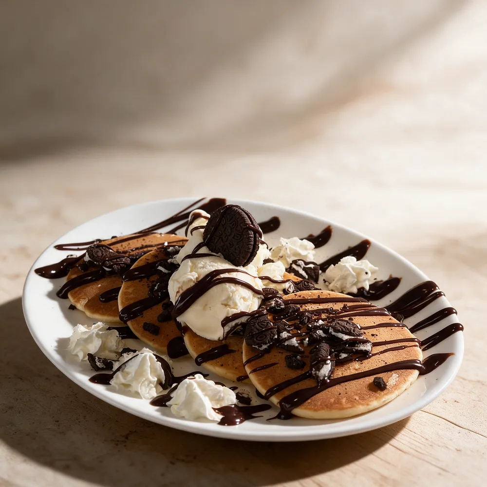 Oreo pancake stack, cream & chocolate
